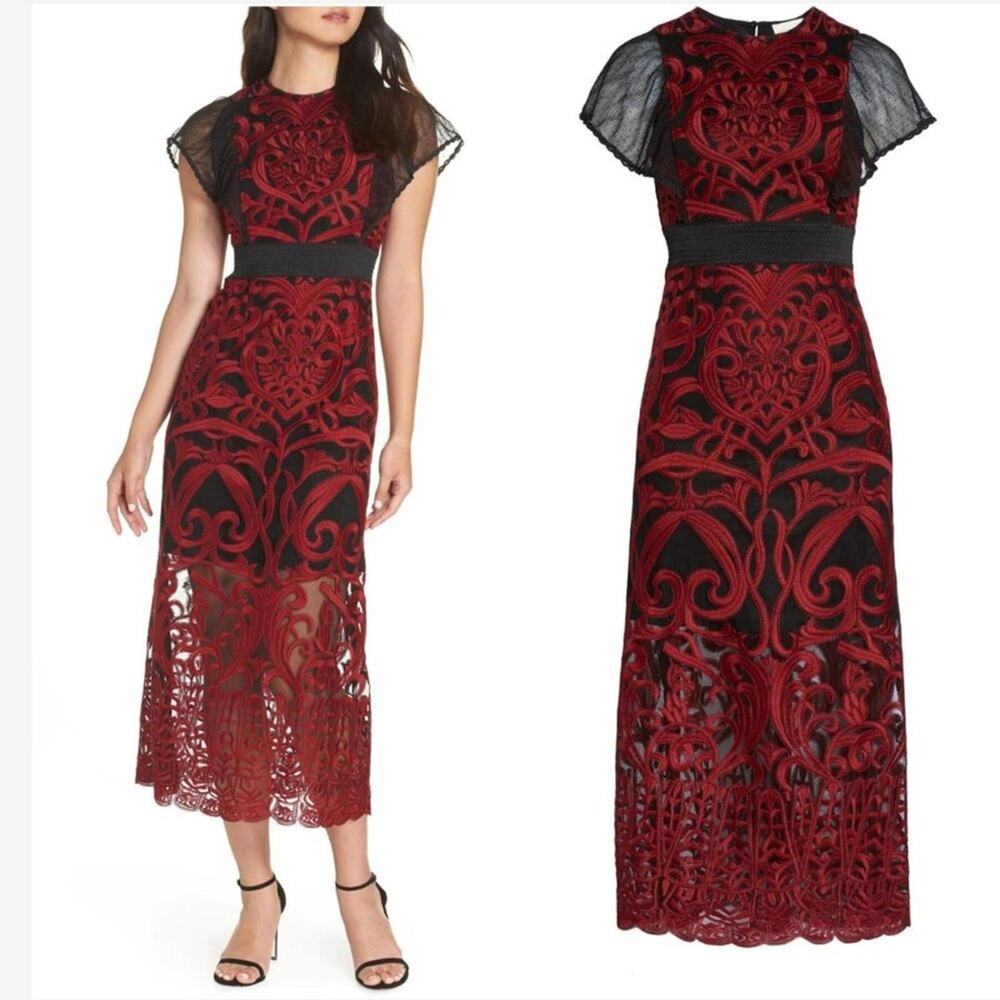 SALE!!! Foxiedox Rosabel Embroidery Midi Black Red Dress Size 2 NWT